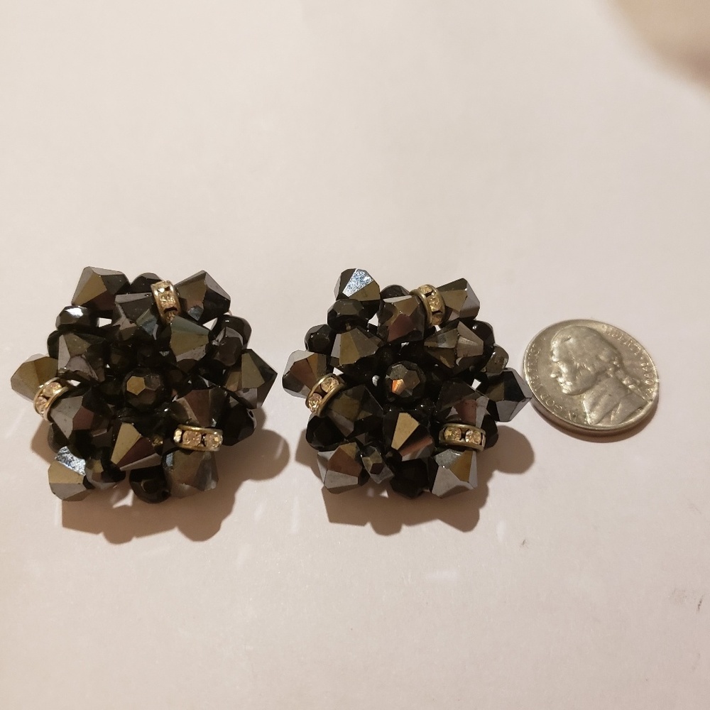 Metallic Black Cluster Bead Clip On Earrings
